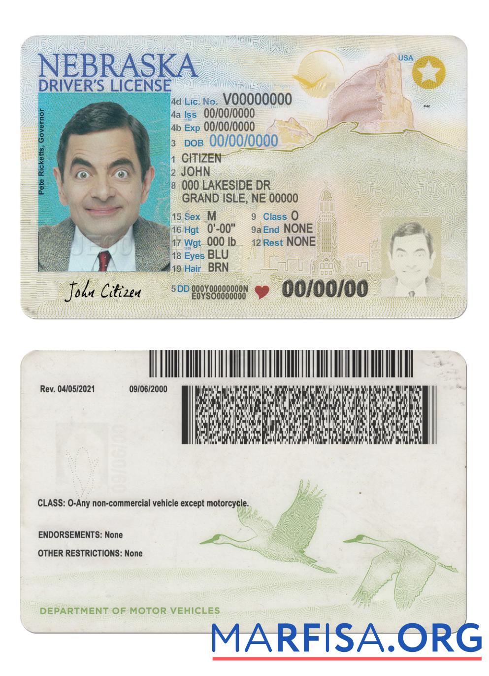 Printable USA Nebraska driving license 2021 present template